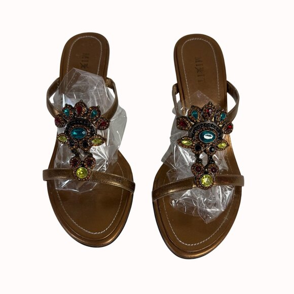 Bronze Strappy Sandals Peacock Rhinestone Accents Kitten Heels Size 8 By MixIt - Picture 14 of 14